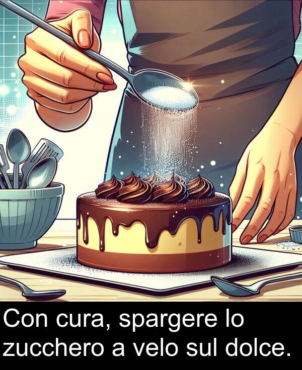 velo: Con cura, spargere lo zucchero a velo sul dolce.
