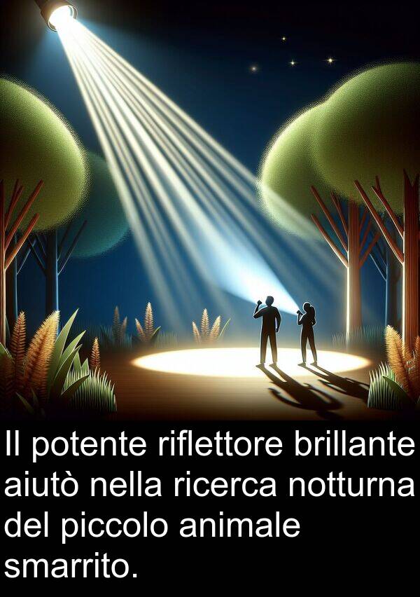 aiutò: Il potente riflettore brillante aiutò nella ricerca notturna del piccolo animale smarrito.
