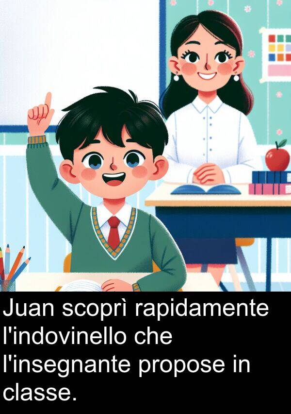 rapidamente: Juan scoprì rapidamente l'indovinello che l'insegnante propose in classe.