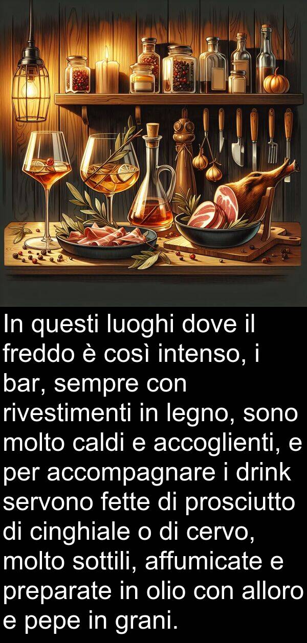 bar: In questi luoghi dove il freddo è così intenso, i bar, sempre con rivestimenti in legno, sono molto caldi e accoglienti, e per accompagnare i drink servono fette di prosciutto di cinghiale o di cervo, molto sottili, affumicate e preparate in olio con alloro e pepe in grani.