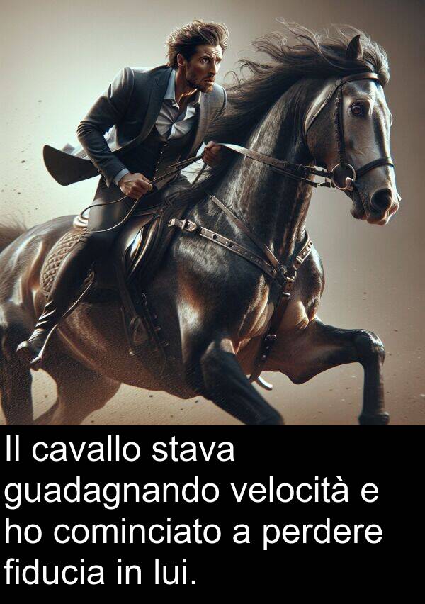 fiducia: Il cavallo stava guadagnando velocità e ho cominciato a perdere fiducia in lui.