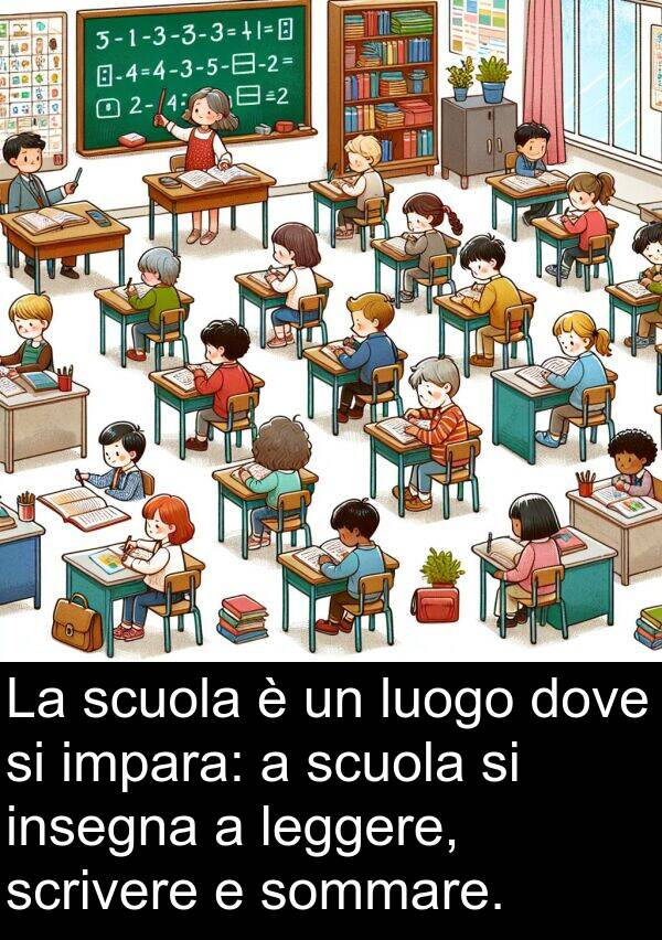dove: La scuola è un luogo dove si impara: a scuola si insegna a leggere, scrivere e sommare.