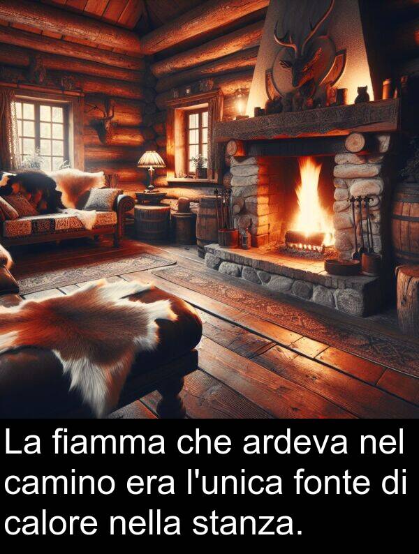 calore: La fiamma che ardeva nel camino era l'unica fonte di calore nella stanza.