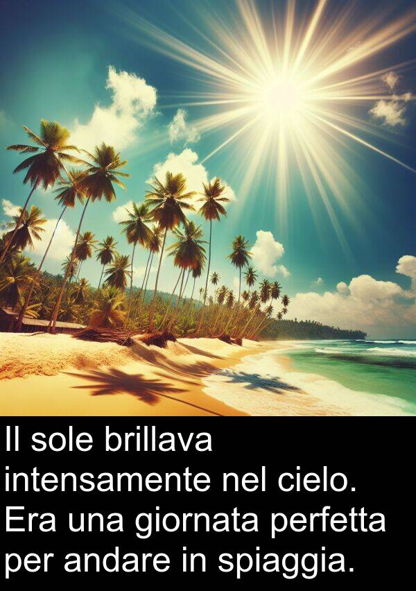 brillava: Il sole brillava intensamente nel cielo. Era una giornata perfetta per andare in spiaggia.