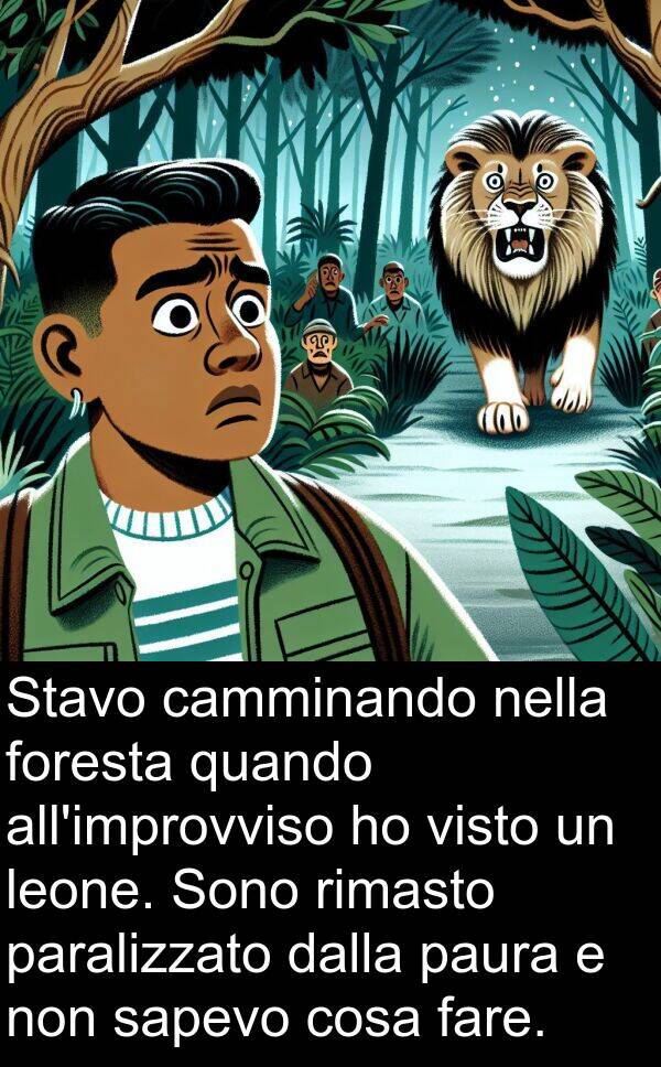 cosa: Stavo camminando nella foresta quando all'improvviso ho visto un leone. Sono rimasto paralizzato dalla paura e non sapevo cosa fare.