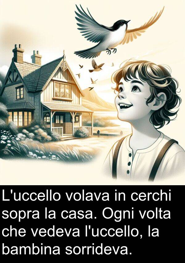 sopra: L'uccello volava in cerchi sopra la casa. Ogni volta che vedeva l'uccello, la bambina sorrideva.