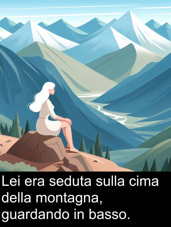 sulla: Lei era seduta sulla cima della montagna, guardando in basso.