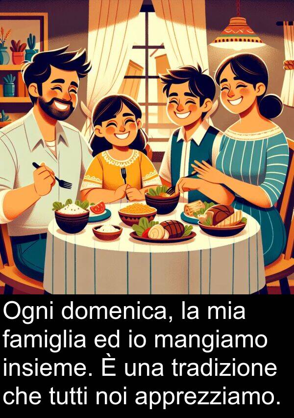 mangiamo: Ogni domenica, la mia famiglia ed io mangiamo insieme. È una tradizione che tutti noi apprezziamo.