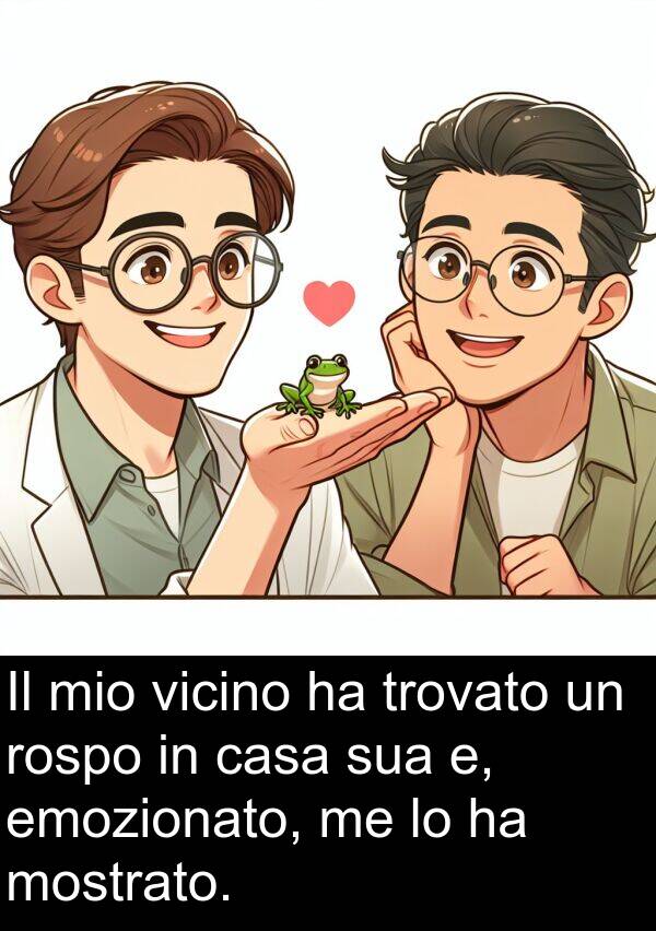 emozionato: Il mio vicino ha trovato un rospo in casa sua e, emozionato, me lo ha mostrato.