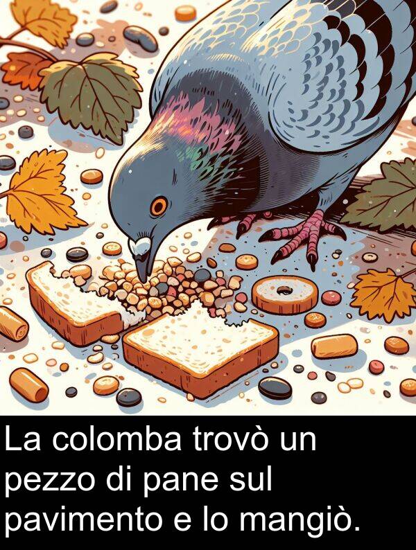 sul: La colomba trovò un pezzo di pane sul pavimento e lo mangiò.