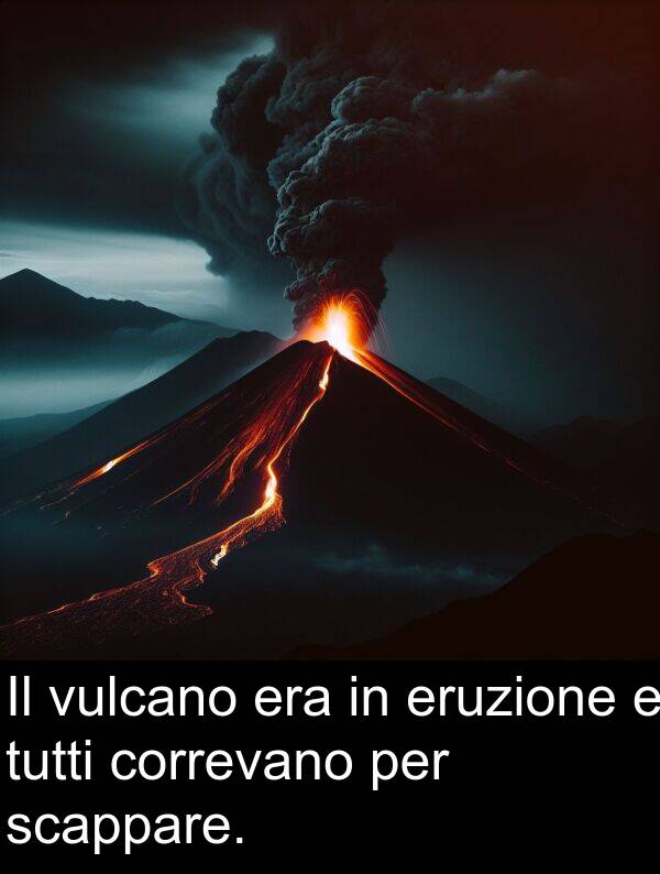 tutti: Il vulcano era in eruzione e tutti correvano per scappare.