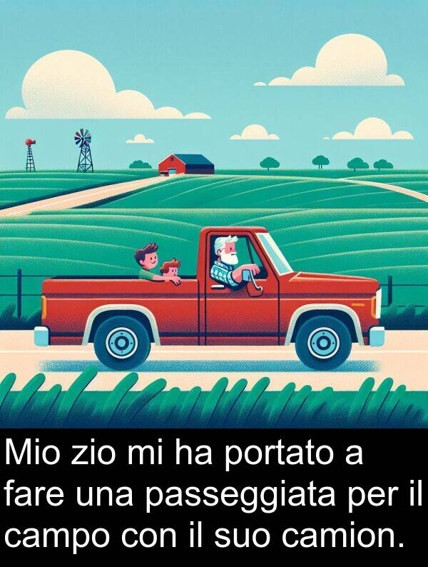 fare: Mio zio mi ha portato a fare una passeggiata per il campo con il suo camion.