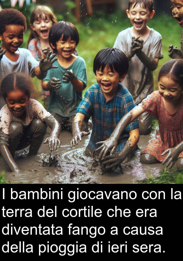 diventata: I bambini giocavano con la terra del cortile che era diventata fango a causa della pioggia di ieri sera.