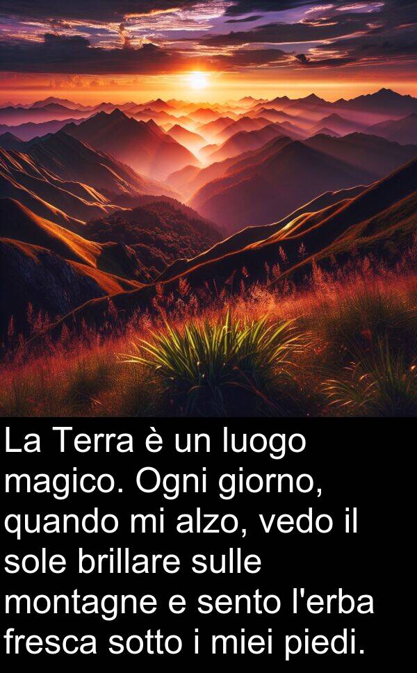 vedo: La Terra è un luogo magico. Ogni giorno, quando mi alzo, vedo il sole brillare sulle montagne e sento l'erba fresca sotto i miei piedi.