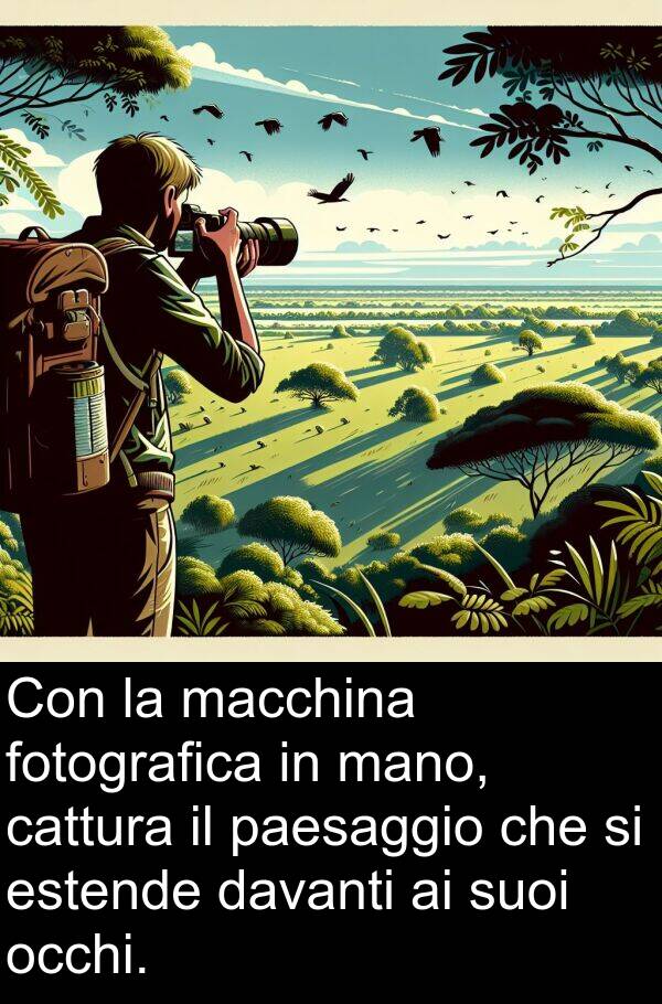 davanti: Con la macchina fotografica in mano, cattura il paesaggio che si estende davanti ai suoi occhi.