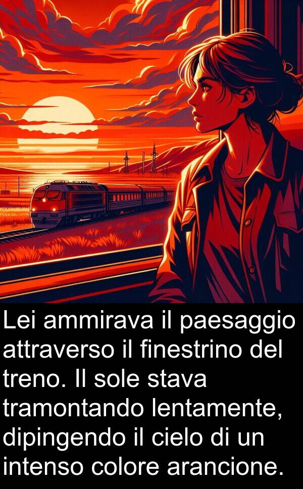 finestrino: Lei ammirava il paesaggio attraverso il finestrino del treno. Il sole stava tramontando lentamente, dipingendo il cielo di un intenso colore arancione.
