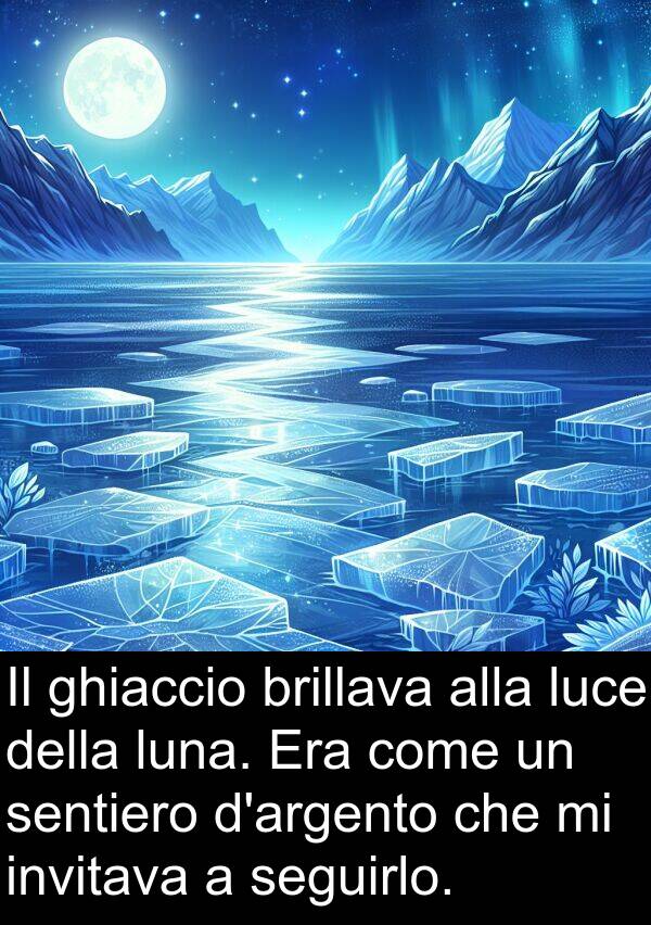 brillava: Il ghiaccio brillava alla luce della luna. Era come un sentiero d'argento che mi invitava a seguirlo.