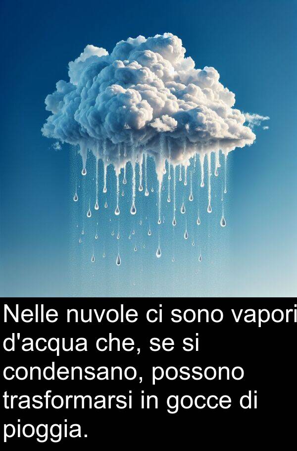 condensano: Nelle nuvole ci sono vapori d'acqua che, se si condensano, possono trasformarsi in gocce di pioggia.