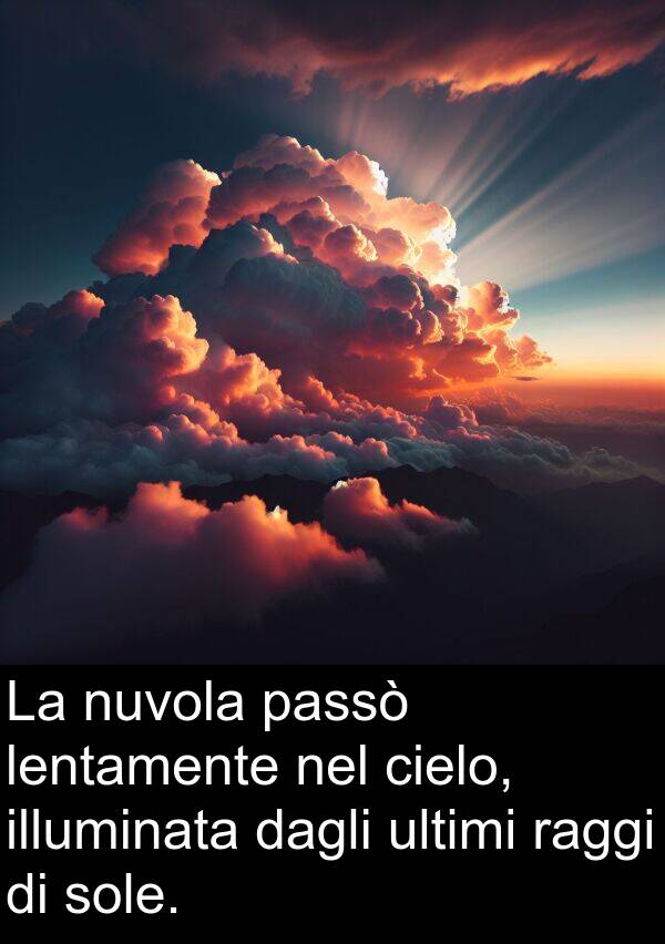 dagli: La nuvola passò lentamente nel cielo, illuminata dagli ultimi raggi di sole.