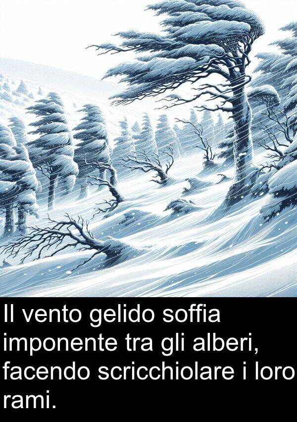 facendo: Il vento gelido soffia imponente tra gli alberi, facendo scricchiolare i loro rami.