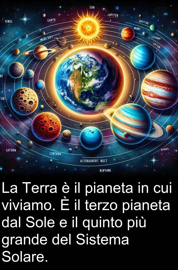 pianeta: La Terra è il pianeta in cui viviamo. È il terzo pianeta dal Sole e il quinto più grande del Sistema Solare.