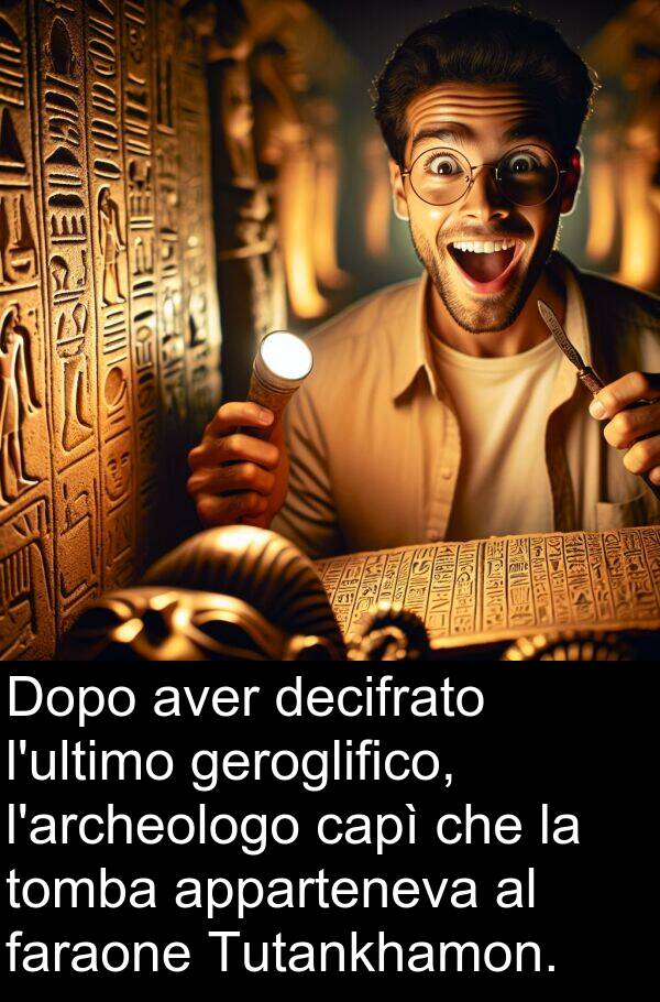 geroglifico: Dopo aver decifrato l'ultimo geroglifico, l'archeologo capì che la tomba apparteneva al faraone Tutankhamon.