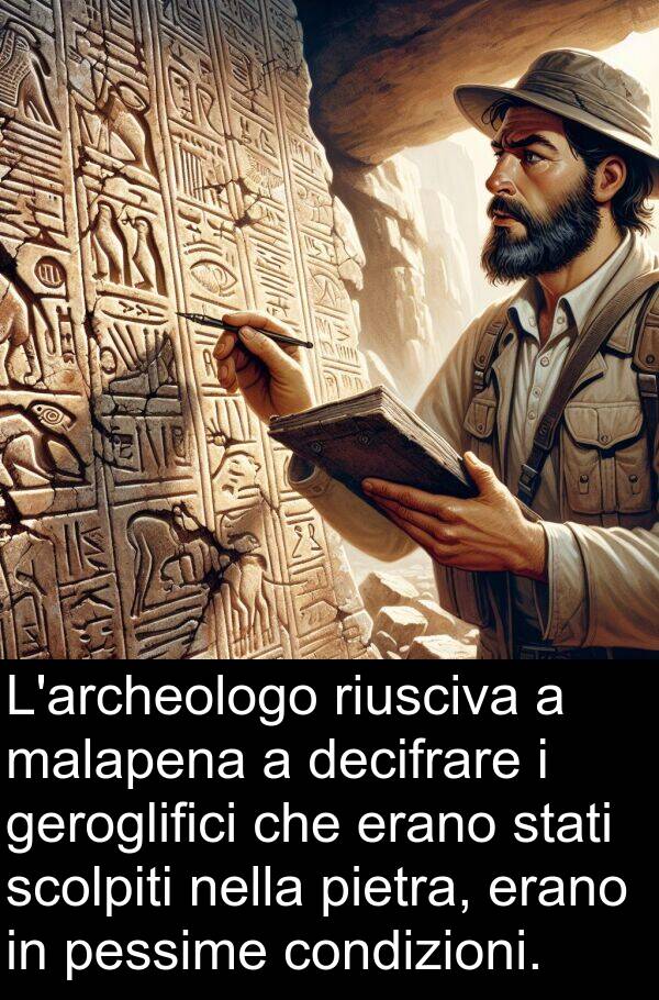 condizioni: L'archeologo riusciva a malapena a decifrare i geroglifici che erano stati scolpiti nella pietra, erano in pessime condizioni.