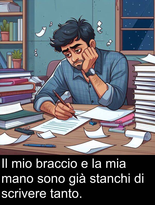 braccio: Il mio braccio e la mia mano sono già stanchi di scrivere tanto.