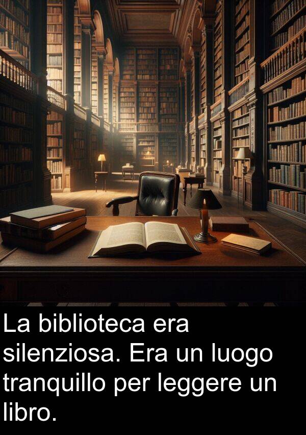 libro: La biblioteca era silenziosa. Era un luogo tranquillo per leggere un libro.