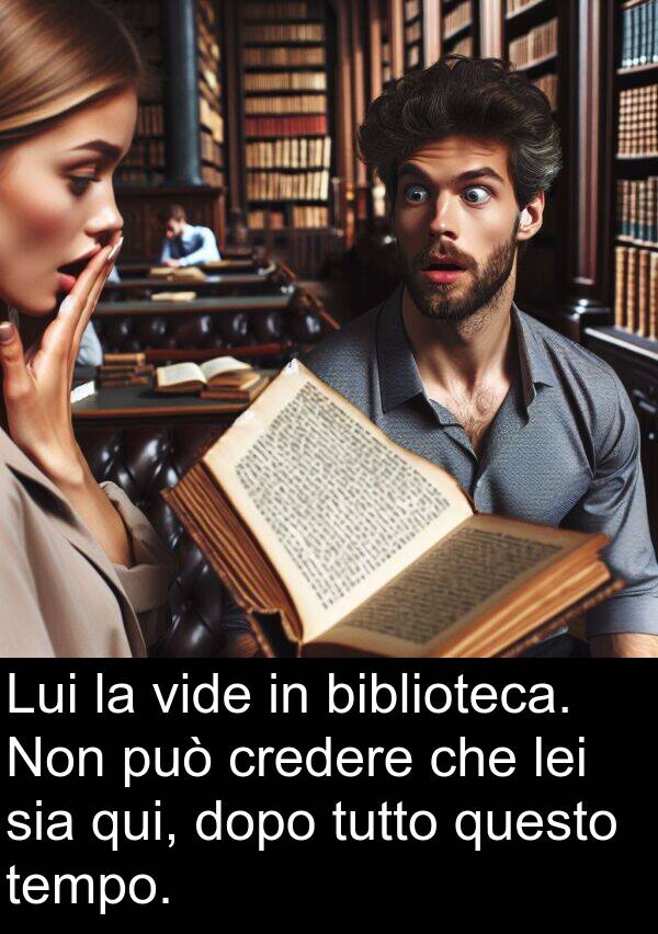 questo: Lui la vide in biblioteca. Non può credere che lei sia qui, dopo tutto questo tempo.