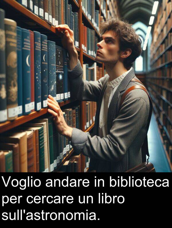cercare: Voglio andare in biblioteca per cercare un libro sull'astronomia.