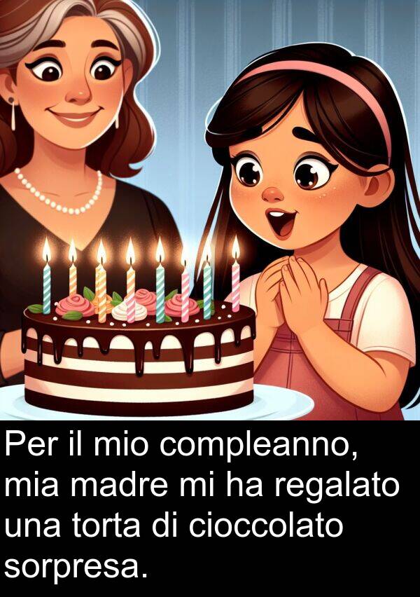 regalato: Per il mio compleanno, mia madre mi ha regalato una torta di cioccolato sorpresa.