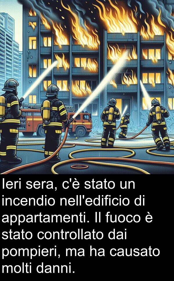 danni: Ieri sera, c'è stato un incendio nell'edificio di appartamenti. Il fuoco è stato controllato dai pompieri, ma ha causato molti danni.