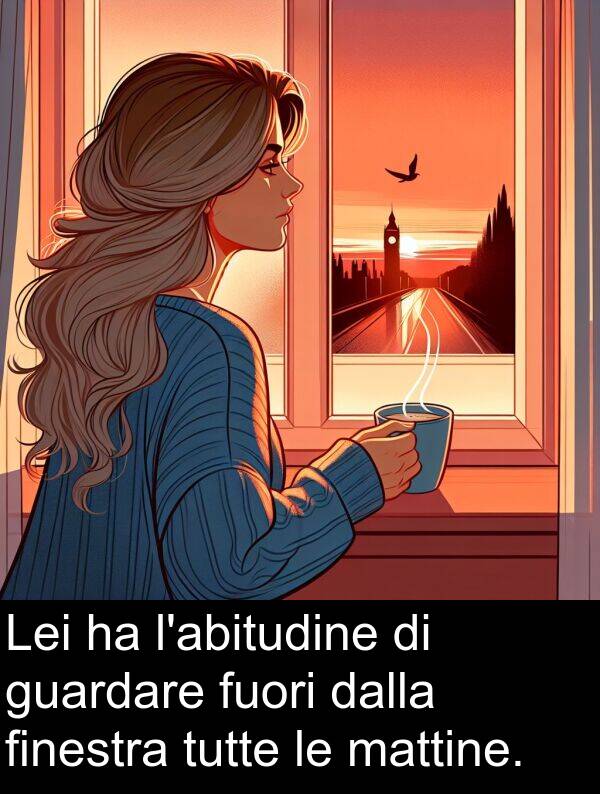 finestra: Lei ha l'abitudine di guardare fuori dalla finestra tutte le mattine.