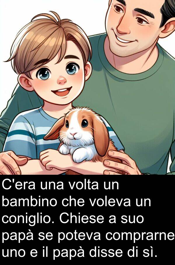 volta: C'era una volta un bambino che voleva un coniglio. Chiese a suo papà se poteva comprarne uno e il papà disse di sì.