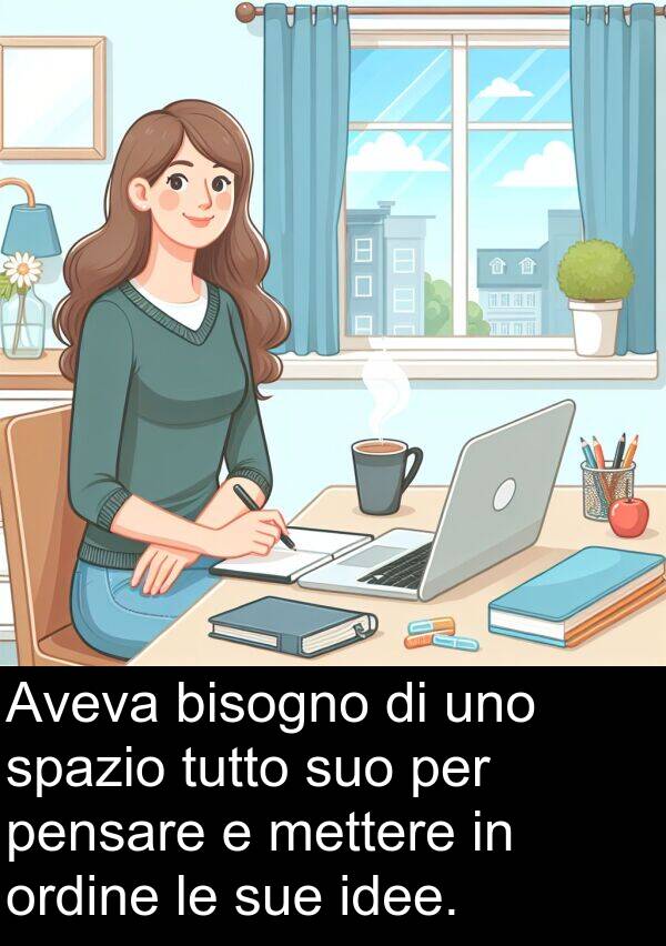 spazio: Aveva bisogno di uno spazio tutto suo per pensare e mettere in ordine le sue idee.