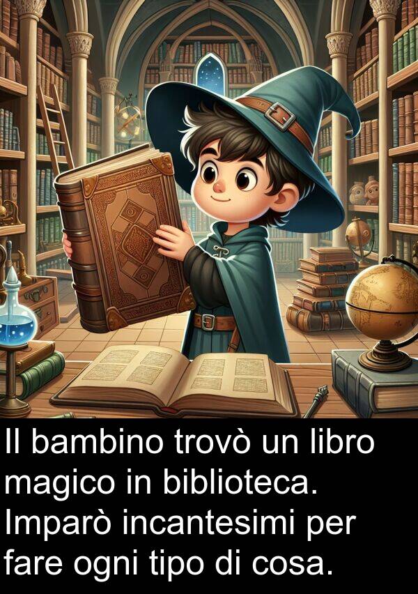 cosa: Il bambino trovò un libro magico in biblioteca. Imparò incantesimi per fare ogni tipo di cosa.