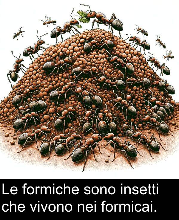 che: Le formiche sono insetti che vivono nei formicai.