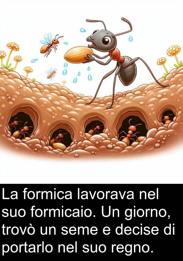 formica: La formica lavorava nel suo formicaio. Un giorno, trovò un seme e decise di portarlo nel suo regno.