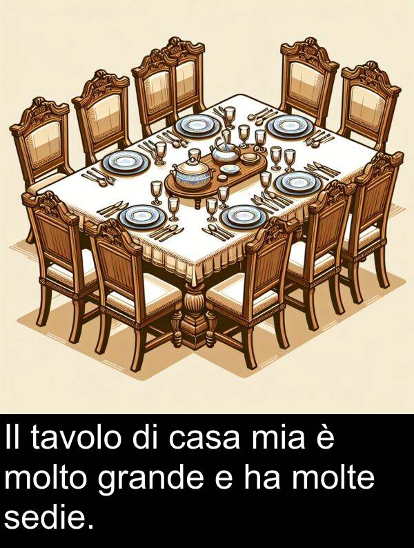 grande: Il tavolo di casa mia è molto grande e ha molte sedie.