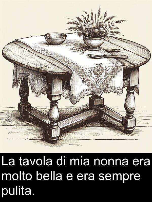 bella: La tavola di mia nonna era molto bella e era sempre pulita.