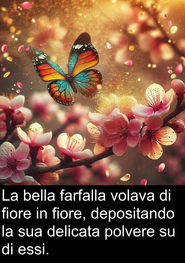 farfalla: La bella farfalla volava di fiore in fiore, depositando la sua delicata polvere su di essi.