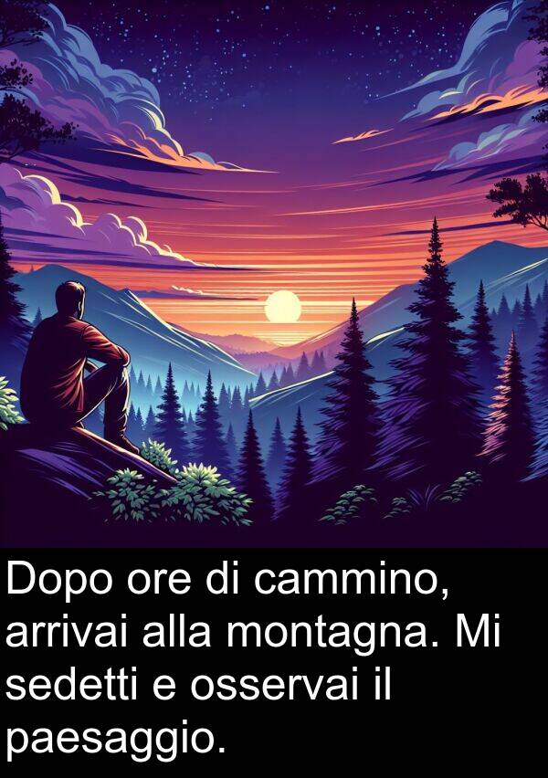 sedetti: Dopo ore di cammino, arrivai alla montagna. Mi sedetti e osservai il paesaggio.