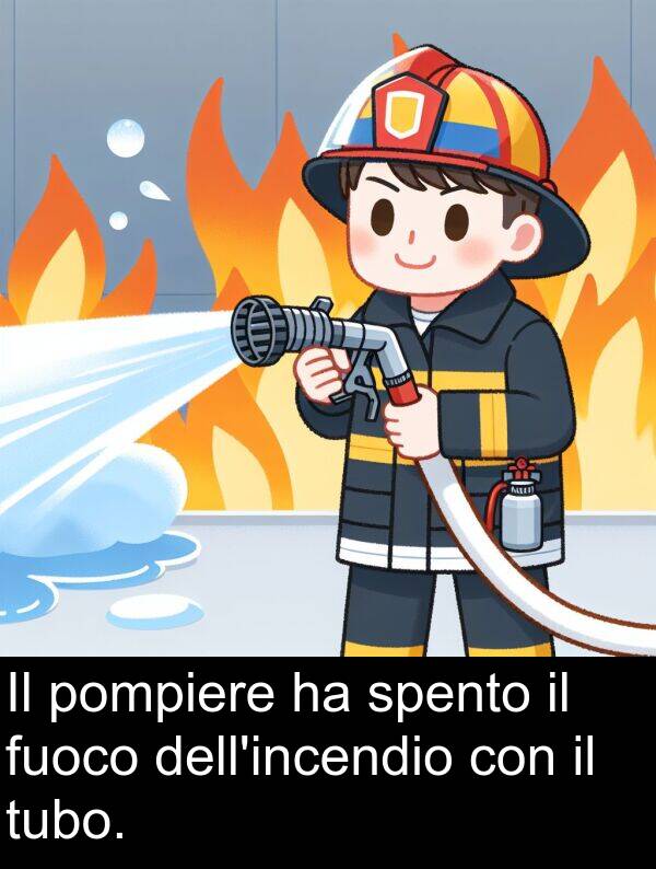 spento: Il pompiere ha spento il fuoco dell'incendio con il tubo.