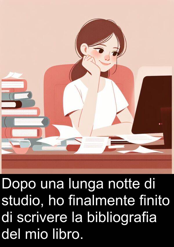 bibliografia: Dopo una lunga notte di studio, ho finalmente finito di scrivere la bibliografia del mio libro.