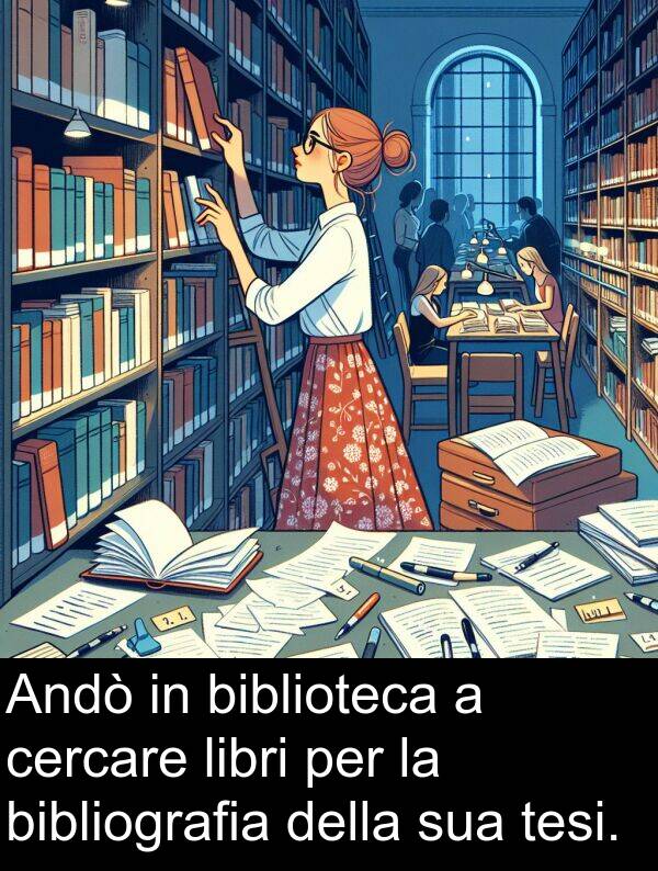 bibliografia: Andò in biblioteca a cercare libri per la bibliografia della sua tesi.