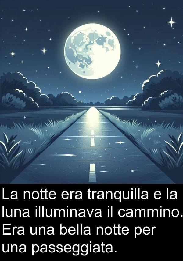 luna: La notte era tranquilla e la luna illuminava il cammino. Era una bella notte per una passeggiata.