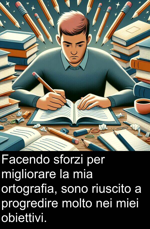 riuscito: Facendo sforzi per migliorare la mia ortografia, sono riuscito a progredire molto nei miei obiettivi.