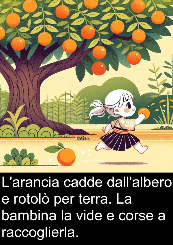 raccoglierla: L'arancia cadde dall'albero e rotolò per terra. La bambina la vide e corse a raccoglierla.