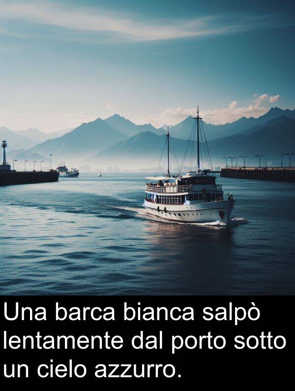 bianca: Una barca bianca salpò lentamente dal porto sotto un cielo azzurro.